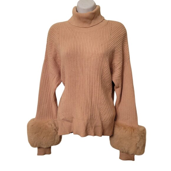 Saks Fifth Avenue Ribbed Turtleneck Sweater Faux Fur Cuffs M Slouchy Shoulders - Picture 1 of 7